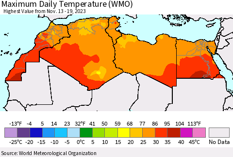 North Africa Maximum Daily Temperature (WMO) Thematic Map For 11/13/2023 - 11/19/2023