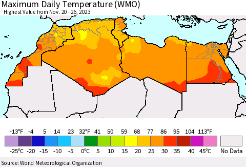 North Africa Maximum Daily Temperature (WMO) Thematic Map For 11/20/2023 - 11/26/2023
