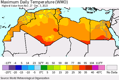 North Africa Maximum Daily Temperature (WMO) Thematic Map For 11/27/2023 - 12/3/2023