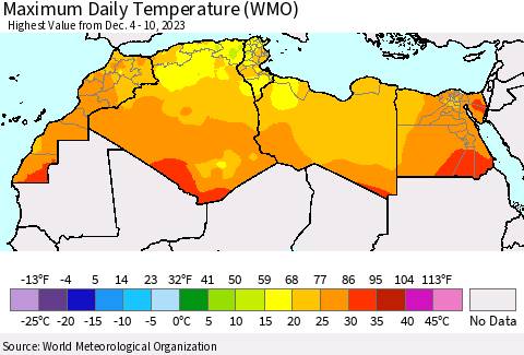 North Africa Maximum Daily Temperature (WMO) Thematic Map For 12/4/2023 - 12/10/2023