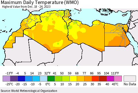 North Africa Maximum Daily Temperature (WMO) Thematic Map For 12/18/2023 - 12/24/2023