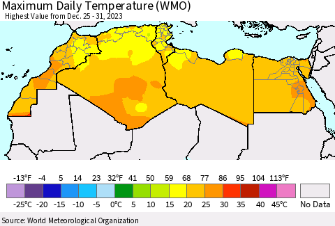 North Africa Maximum Daily Temperature (WMO) Thematic Map For 12/25/2023 - 12/31/2023