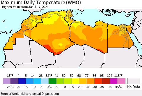 North Africa Maximum Daily Temperature (WMO) Thematic Map For 1/1/2024 - 1/7/2024