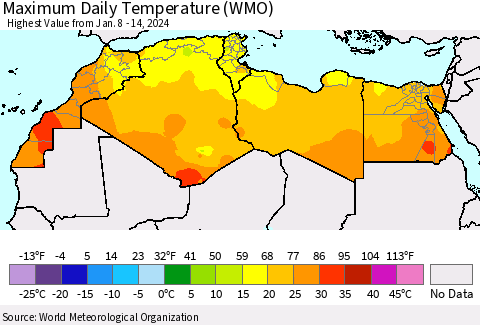 North Africa Maximum Daily Temperature (WMO) Thematic Map For 1/8/2024 - 1/14/2024
