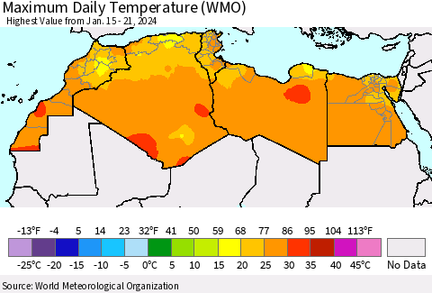 North Africa Maximum Daily Temperature (WMO) Thematic Map For 1/15/2024 - 1/21/2024