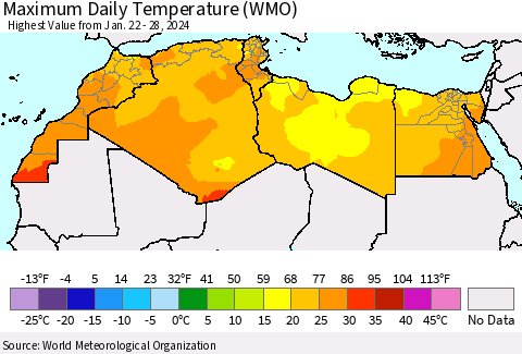 North Africa Maximum Daily Temperature (WMO) Thematic Map For 1/22/2024 - 1/28/2024