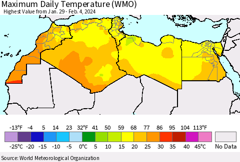 North Africa Maximum Daily Temperature (WMO) Thematic Map For 1/29/2024 - 2/4/2024