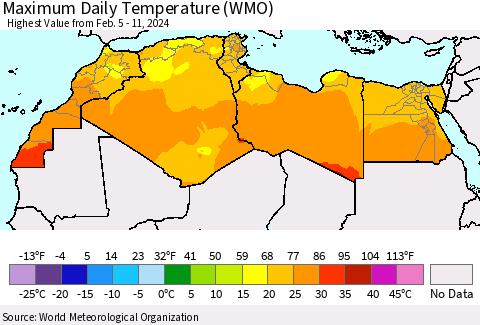 North Africa Maximum Daily Temperature (WMO) Thematic Map For 2/5/2024 - 2/11/2024