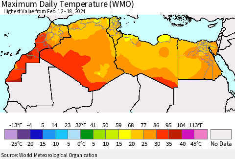 North Africa Maximum Daily Temperature (WMO) Thematic Map For 2/12/2024 - 2/18/2024