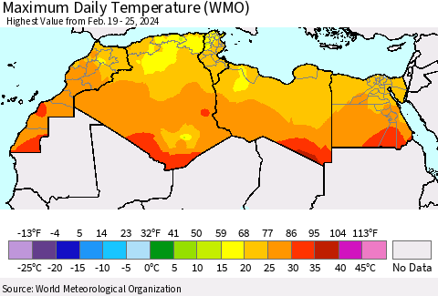 North Africa Maximum Daily Temperature (WMO) Thematic Map For 2/19/2024 - 2/25/2024