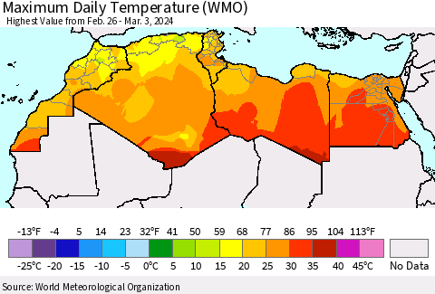 North Africa Maximum Daily Temperature (WMO) Thematic Map For 2/26/2024 - 3/3/2024