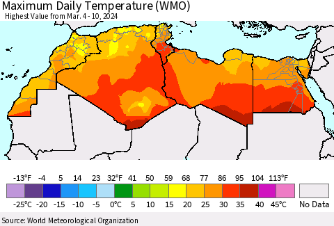 North Africa Maximum Daily Temperature (WMO) Thematic Map For 3/4/2024 - 3/10/2024