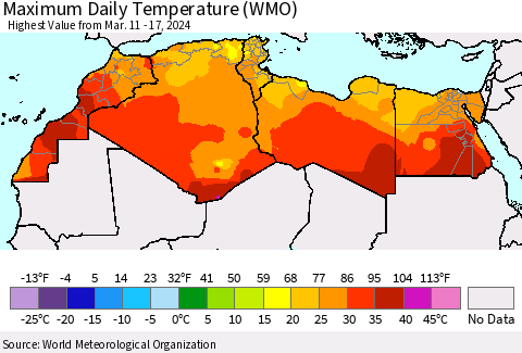 North Africa Maximum Daily Temperature (WMO) Thematic Map For 3/11/2024 - 3/17/2024