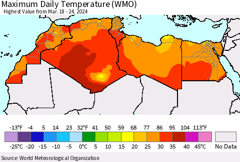 North Africa Maximum Daily Temperature (WMO) Thematic Map For 3/18/2024 - 3/24/2024