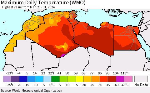 North Africa Maximum Daily Temperature (WMO) Thematic Map For 3/25/2024 - 3/31/2024
