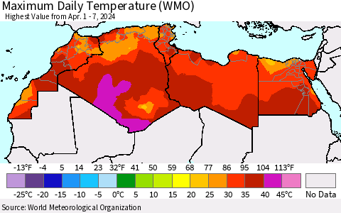 North Africa Maximum Daily Temperature (WMO) Thematic Map For 4/1/2024 - 4/7/2024