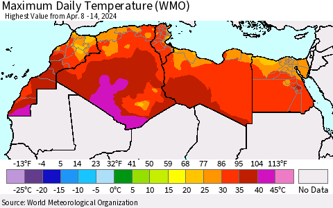 North Africa Maximum Daily Temperature (WMO) Thematic Map For 4/8/2024 - 4/14/2024