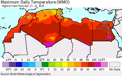 North Africa Maximum Daily Temperature (WMO) Thematic Map For 4/15/2024 - 4/21/2024