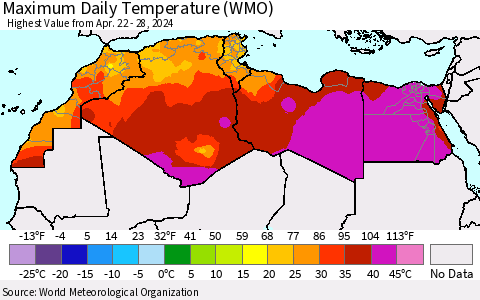 North Africa Maximum Daily Temperature (WMO) Thematic Map For 4/22/2024 - 4/28/2024