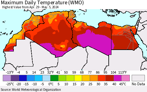 North Africa Maximum Daily Temperature (WMO) Thematic Map For 4/29/2024 - 5/5/2024