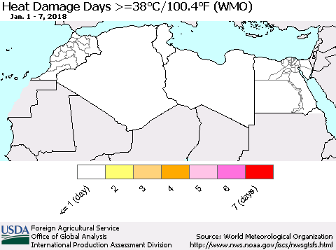North Africa Heat Damage Days >=38°C/100°F (WMO) Thematic Map For 1/1/2018 - 1/7/2018