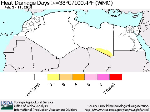 North Africa Heat Damage Days >=38°C/100°F (WMO) Thematic Map For 2/5/2018 - 2/11/2018