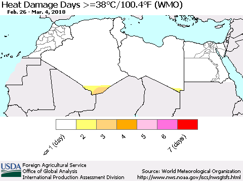North Africa Heat Damage Days >=38°C/100°F (WMO) Thematic Map For 2/26/2018 - 3/4/2018