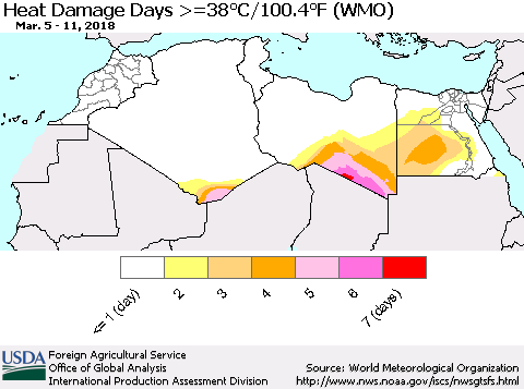 North Africa Heat Damage Days >=38°C/100°F (WMO) Thematic Map For 3/5/2018 - 3/11/2018