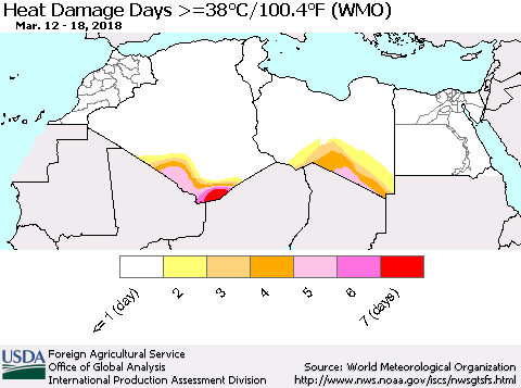 North Africa Heat Damage Days >=38°C/100°F (WMO) Thematic Map For 3/12/2018 - 3/18/2018