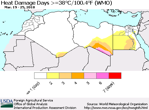 North Africa Heat Damage Days >=38°C/100°F (WMO) Thematic Map For 3/19/2018 - 3/25/2018