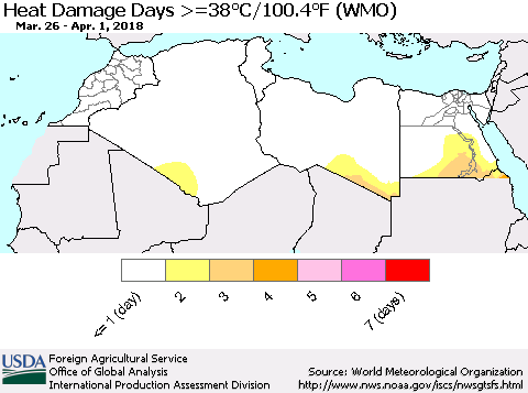 North Africa Heat Damage Days >=38°C/100°F (WMO) Thematic Map For 3/26/2018 - 4/1/2018
