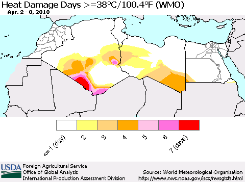 North Africa Heat Damage Days >=38°C/100°F (WMO) Thematic Map For 4/2/2018 - 4/8/2018