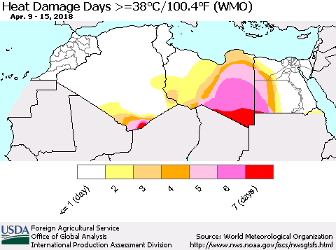 North Africa Heat Damage Days >=38°C/100°F (WMO) Thematic Map For 4/9/2018 - 4/15/2018