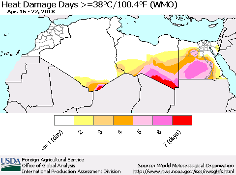 North Africa Heat Damage Days >=38°C/100°F (WMO) Thematic Map For 4/16/2018 - 4/22/2018