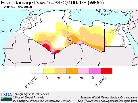 North Africa Heat Damage Days >=38°C/100°F (WMO) Thematic Map For 4/23/2018 - 4/29/2018