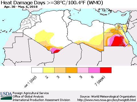 North Africa Heat Damage Days >=38°C/100°F (WMO) Thematic Map For 4/30/2018 - 5/6/2018