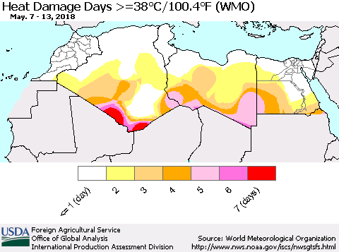 North Africa Heat Damage Days >=38°C/100°F (WMO) Thematic Map For 5/7/2018 - 5/13/2018