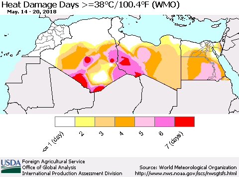 North Africa Heat Damage Days >=38°C/100°F (WMO) Thematic Map For 5/14/2018 - 5/20/2018