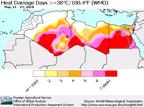 North Africa Heat Damage Days >=38°C/100°F (WMO) Thematic Map For 5/21/2018 - 5/27/2018