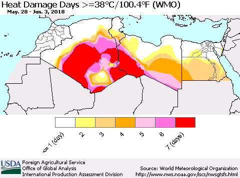 North Africa Heat Damage Days >=38°C/100°F (WMO) Thematic Map For 5/28/2018 - 6/3/2018
