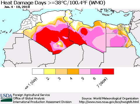 North Africa Heat Damage Days >=38°C/100°F (WMO) Thematic Map For 6/4/2018 - 6/10/2018