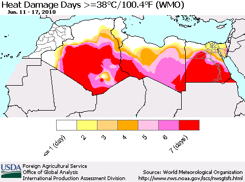 North Africa Heat Damage Days >=38°C/100°F (WMO) Thematic Map For 6/11/2018 - 6/17/2018