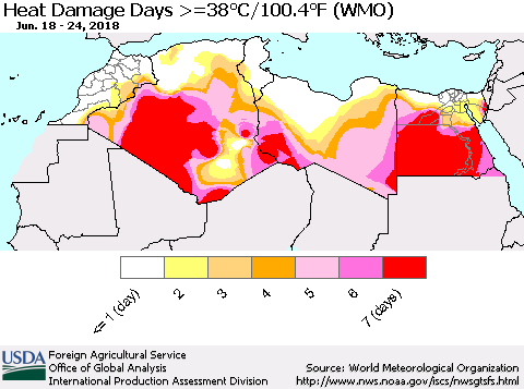 North Africa Heat Damage Days >=38°C/100°F (WMO) Thematic Map For 6/18/2018 - 6/24/2018