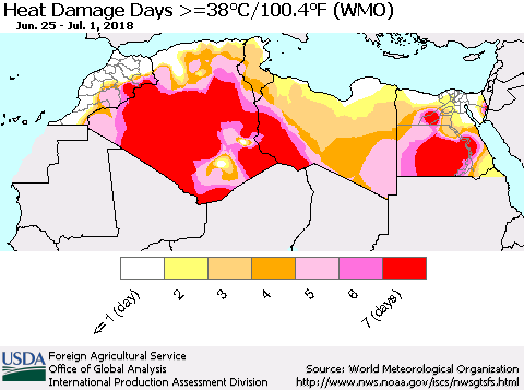 North Africa Heat Damage Days >=38°C/100°F (WMO) Thematic Map For 6/25/2018 - 7/1/2018