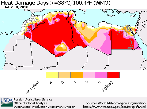 North Africa Heat Damage Days >=38°C/100°F (WMO) Thematic Map For 7/2/2018 - 7/8/2018
