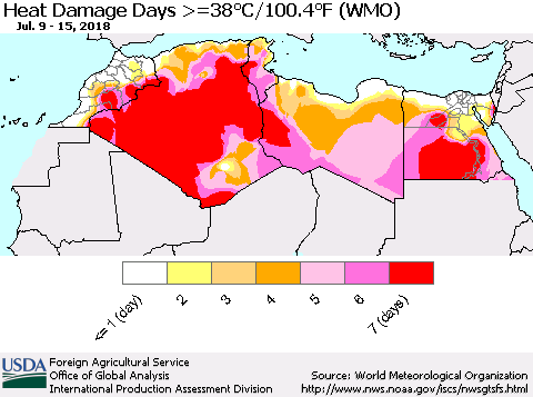 North Africa Heat Damage Days >=38°C/100°F (WMO) Thematic Map For 7/9/2018 - 7/15/2018