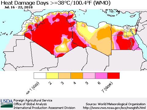 North Africa Heat Damage Days >=38°C/100°F (WMO) Thematic Map For 7/16/2018 - 7/22/2018