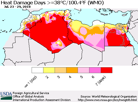 North Africa Heat Damage Days >=38°C/100°F (WMO) Thematic Map For 7/23/2018 - 7/29/2018
