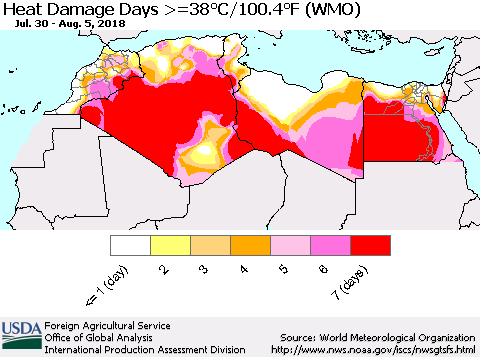 North Africa Heat Damage Days >=38°C/100°F (WMO) Thematic Map For 7/30/2018 - 8/5/2018