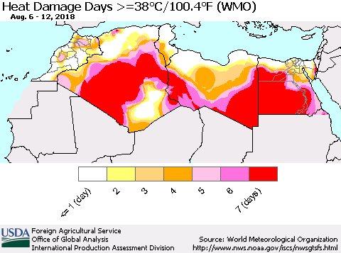 North Africa Heat Damage Days >=38°C/100°F (WMO) Thematic Map For 8/6/2018 - 8/12/2018